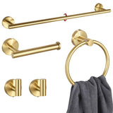 5PCS Matt Gold Stainless Steel Bathroom Organizer Set - Wall-Mounted Rotatable Towel Bar, Toilet Paper Holder, Towel Ring & Versatile T-shaped Hooks