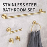 5PCS Matt Black Stainless Steel Bathroom Organizer Set - Wall-Mounted Rotatable Towel Bar, Toilet Paper Holder, Towel Ring & Versatile T-shaped Hooks