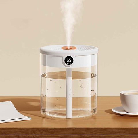 White 2L Dual-Spray Ultrasonic Humidifier and Air Diffuser with Night Light - USB Powered, Quiet Operation, Smart Digital Display & Real-Time Humidity Sensor