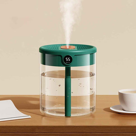 Green 2L Dual-Spray Ultrasonic Humidifier and Air Diffuser with Night Light - USB Powered, Quiet Operation, Smart Digital Display & Real-Time Humidity Sensor