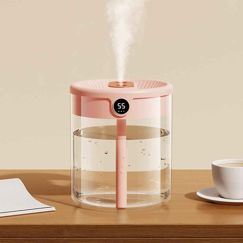 Pink 2L Dual-Spray Ultrasonic Humidifier and Air Diffuser with Night Light - USB Powered, Quiet Operation, Smart Digital Display & Real-Time Humidity Sensor