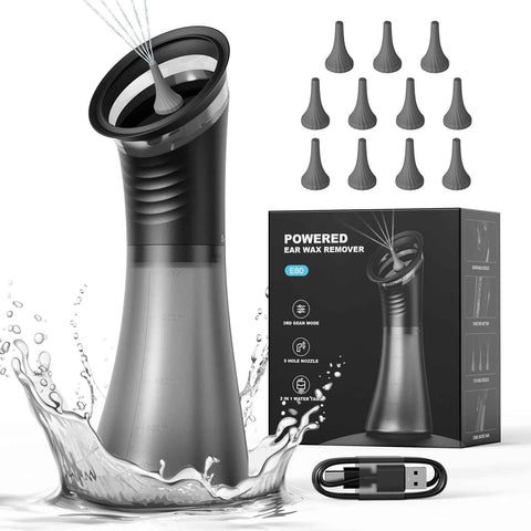 E80 Professional Electric Ear Irrigation and Ear Wax Removal Kit - Type-C Charging, 3 Pressure Levels, 2-in-1 230ML Sewage & Shimizu Tank & 12 Specialized Nozzles(4pcs 1-hole Nozzles +4pcs 3-hole Nozzles + 4pcs 5-hole Nozzles)