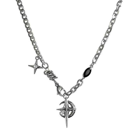 Gothic Cross & North Star Dual-Pendant Splicing Necklace for Men and Women - Titanium Steel Iced Out Cuban Link Chain with Black Gemstone Accents