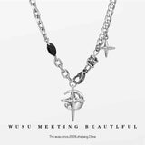 Gothic Cross & North Star Dual-Pendant Splicing Necklace for Men and Women - Titanium Steel Iced Out Cuban Link Chain with Black Gemstone Accents