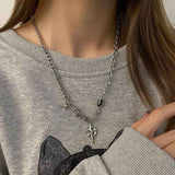 Gothic Cross & North Star Dual-Pendant Splicing Necklace for Men and Women - Titanium Steel Iced Out Cuban Link Chain with Black Gemstone Accents
