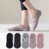 5-Pair Dark Purple Premium Non-Slip Yoga & Pilates Socks with Elastic Cross-Straps - Breathable Cotton Ballet-Style High Grip Socks