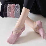 5-Pair Dark Purple Premium Non-Slip Yoga & Pilates Socks with Elastic Cross-Straps - Breathable Cotton Ballet-Style High Grip Socks