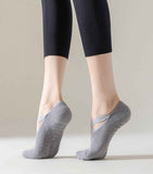 5-Pair Dark Purple Premium Non-Slip Yoga & Pilates Socks with Elastic Cross-Straps - Breathable Cotton Ballet-Style High Grip Socks