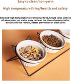 Triple Slanted Ceramic Pet Bowl Set with Elevated Iron Stand and Non Slip Base - 3 x 300ML Versatile Pink Cat Paw Print Pattern Dishes for Water & Food