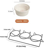 Triple Slanted Ceramic Pet Bowl Set with Elevated Iron Stand and Non Slip Base - 3 x 300ML Versatile Blue Cat Paw Print Pattern Dishes for Water & Food