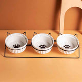 Triple Slanted Ceramic Pet Bowl Set with Elevated Iron Stand and Non Slip Base - 3 x 300ML Versatile Black Cat Paw Print Pattern Dishes for Water & Food