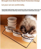 Triple Slanted Ceramic Pet Bowl Set with Elevated Iron Stand and Non Slip Base - 3 x 300ML Versatile Black Cat Paw Print Pattern Dishes for Water & Food