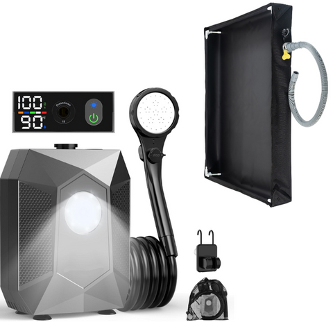 Portable Rechargeable Camping Shower Pump Kit with Digital Temperature Display, 4-Level LED Light, 5-Gear Water Flow - Includes 80x80CM Foldable Shower Basin Tray