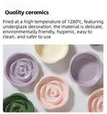 Green Ceramic Floral Cat Slow Feeder(190ML) & Water Bowl(320ML) Set - Dishwasher Safe Pet Dual Dining Kit with Neck-Friendly Elevated Stand