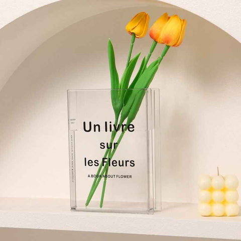 Minimalist Clear Acrylic Book Vase (Un livre sur les Fleurs) - Space Saving Desktop Ornament & Bookish Gift- Durable Unbreakable Hydroponic Vessel for Home and Office Decor