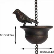 Vintage Metal Bird Shaped Rain Chain Catcher - 23.6 Inches Decorative Hanging Gutter Chains with 4 Iron Birds and Cups - Drain Garden Mobile Birds Steering Wheel for Soothing Rain Sounds