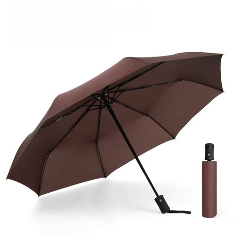Coffee 97CM Large Folding Automatic Travel Umbrella with 8 Reinforced Fiberglass Ribs - Lightweight Compact Rain & Sun Shield for Backpack Travel and Commuting