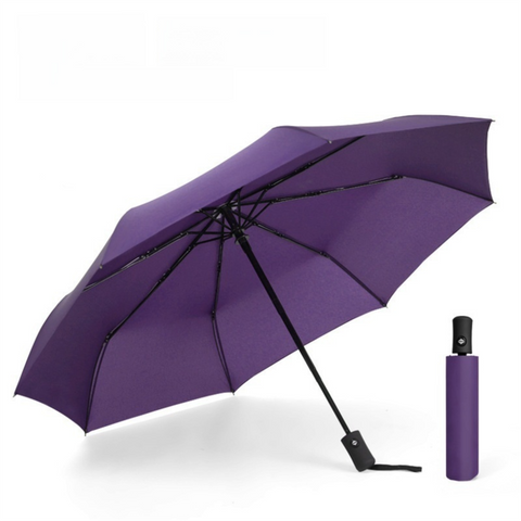 Purple 97CM Large Folding Automatic Travel Umbrella with 8 Reinforced Fiberglass Ribs - Lightweight Compact Rain & Sun Shield for Backpack Travel and Commuting