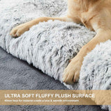 65 x 50 CM Winter Long Plush Dog Bed for Large Dogs - 10CM Thickened Fluffy Faux Fur Pad - Calming Anti Anxiety Pet Cushion with Non-Slip Bottom, Removable & Washable Heavy Duty Bedding, Grey