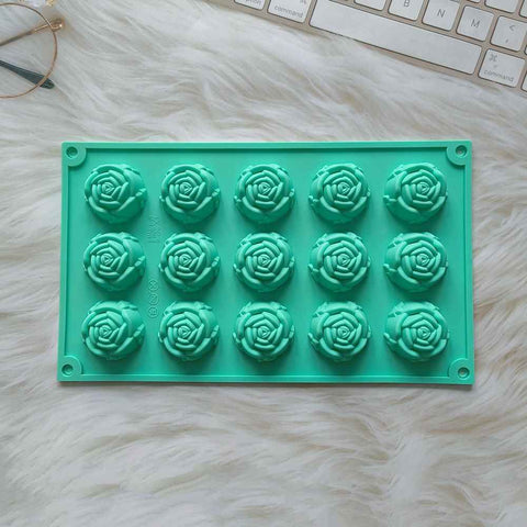2PCS Green 3D Rose Shaped Silicone Baking Mold (15 Cavity) - Non-Stick Cake Chocolates & Jelly Pan - Durable Flexible Easy Release for Holiday Desserts