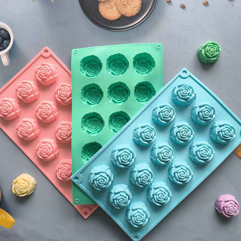 3PCS 3D Rose Shaped Silicone Baking Mold (15 Cavity, Pink + Blue + Green) - Non-Stick Cake Chocolates & Jelly Pan - Durable Flexible Easy Release for Holiday Desserts