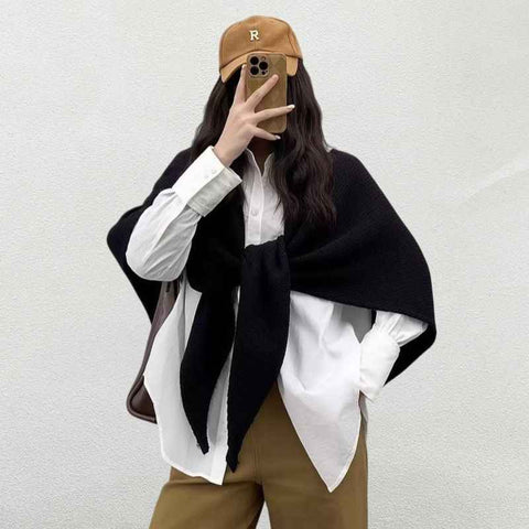Black Retro Wool Blend 190x70cm Knitted Triangle Scarf - Multifunction Warm Shawl Wrap with Elegant Minimalist Design for Fall Winter Versatile Styling