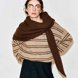 Brown Retro Wool Blend 190x70cm Knitted Triangle Scarf - Multifunction Warm Shawl Wrap with Elegant Minimalist Design for Fall Winter Versatile Styling