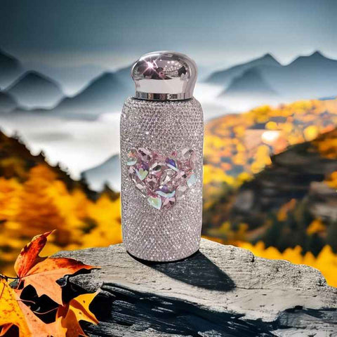Pink Heart Pattern Handmade Luxury Diamond Insulated Water Bottle – Bling Rhinestone 304 Stainless Steel Pocket Mug (260ml)