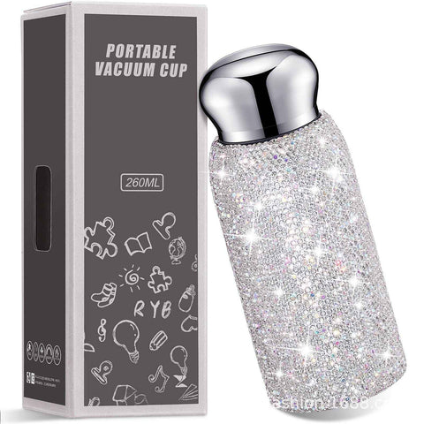 White Handmade Luxury Diamond Insulated Water Bottle – Bling Rhinestone 304 Stainless Steel Pocket Mug (260ml)