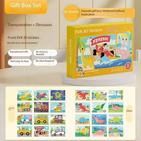2-pce Kids 3D EVA Foam Sticker Art Kit - Princess Theme DIY Craft Activity Set with 12 Designs, Self-Adhesive Pre-Cut Shapes, Creative Handmade Gift Box for Girls Ages 4+ Preschool Educational Toy【Transportation+Dinosaurs】