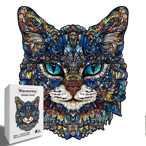L Style Blue-Eyed Cat Wooden Jigsaw Puzzle -Irregular Animal Shaped Puzzle, Laser Cut 3D Craft, Stress Relief Brain Game Gift for Adults 14+