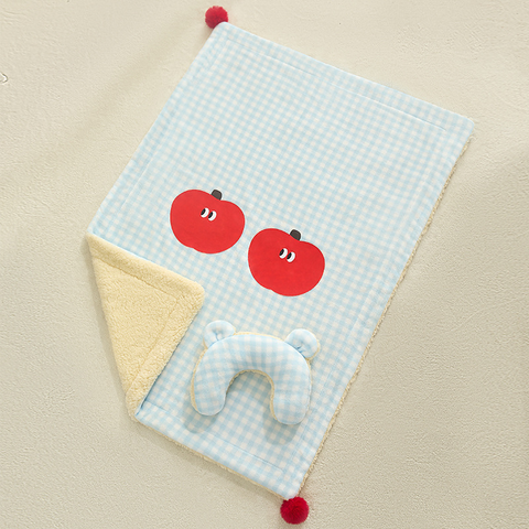 S size 2-Piece Plaid Apple Pet Blanket and Pillow Set - Soft Cotton Plush Sleeping Mat for Dogs and Cats, All-Season Reversible Cushion Bed with Cute Bear Pillow, Machine Washable Pet Bed Accessories
