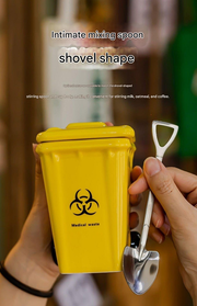 Blue  Creative Trash Can Ceramic Mug with Shovel Spoon - 400ml Funny Garbage Bin Coffee Cup with Lid - Novelty Gag Gift for Birthday Christmas - Quirky Kitchen Cup for Home Office