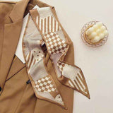 2-piece Coffee Geometric and Stripes French Style Long Silk Scarf - Coffee  Print - Versatile Skinny Neck Ribbon, Hair Tie, Bag Handle Accessory, Elegant Office Wear, Lightweight Polyester