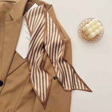 2-piece Coffee Geometric and Stripes French Style Long Silk Scarf - Coffee  Print - Versatile Skinny Neck Ribbon, Hair Tie, Bag Handle Accessory, Elegant Office Wear, Lightweight Polyester