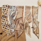 2-piece Coffee Geometric and Stripes French Style Long Silk Scarf - Coffee  Print - Versatile Skinny Neck Ribbon, Hair Tie, Bag Handle Accessory, Elegant Office Wear, Lightweight Polyester