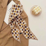 2-piece Coffee Geometric and Diamond Grid French Style Long Silk Scarf - Coffee  Print - Versatile Skinny Neck Ribbon, Hair Tie, Bag Handle Accessory, Elegant Office Wear, Lightweight Polyester