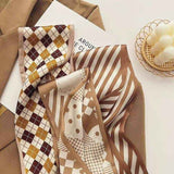 2-piece Coffee Geometry and Pencil Drawing French Style Long Silk Scarf - Coffee  Print - Versatile Skinny Neck Ribbon, Hair Tie, Bag Handle Accessory, Elegant Office Wear, Lightweight Polyester