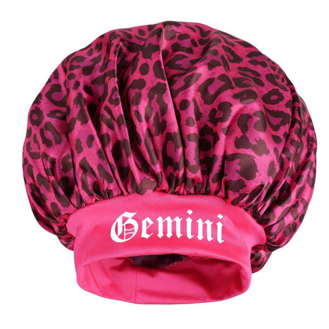 Gemini -Rose Red Leopard Print Satin Sleep Bonnet -  Large Size Hair Protection Cap with Elastic Band, Soft Lined for Curly Hair, Night Wear and Spa Use