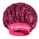 Sagittarius -Rose Red Leopard Print Satin Sleep Bonnet -  Large Size Hair Protection Cap with Elastic Band, Soft Lined for Curly Hair, Night Wear and Spa Use
