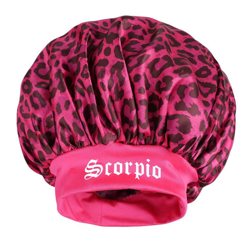 Scorpio -Rose Red Leopard Print Satin Sleep Bonnet -  Large Size Hair Protection Cap with Elastic Band, Soft Lined for Curly Hair, Night Wear and Spa Use