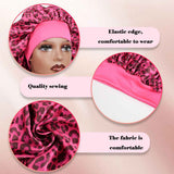 Taurus -Rose Red Leopard Print Satin Sleep Bonnet -  Large Size Hair Protection Cap with Elastic Band, Soft Lined for Curly Hair, Night Wear and Spa Use