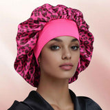 Virgo -Rose Red Leopard Print Satin Sleep Bonnet -  Large Size Hair Protection Cap with Elastic Band, Soft Lined for Curly Hair, Night Wear and Spa Use