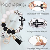 Black and White Silicone Bead Keychain with Cross Charm, Rhinestone Ring &short  Tassel - Religious Silicone Beaded Key Ring, Lightweight & Durable