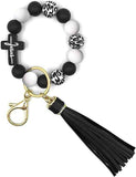 Black and White Silicone Bead Keychain Bracelet with Cross Charm and Tassel - Black, White, Teal, Leopard Print - Fashion Wristlet Key Ring for Women, Gift Friendly