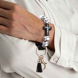 Black and White Silicone Bead Keychain Bracelet with Cross Charm and Tassel - Black, White, Teal, Leopard Print - Fashion Wristlet Key Ring for Women, Gift Friendly