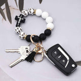 Black and Green Silicone Bead Keychain Bracelet with Cross Charm and Tassel - Black, White, Teal, Leopard Print - Fashion Wristlet Key Ring for Women, Gift Friendly
