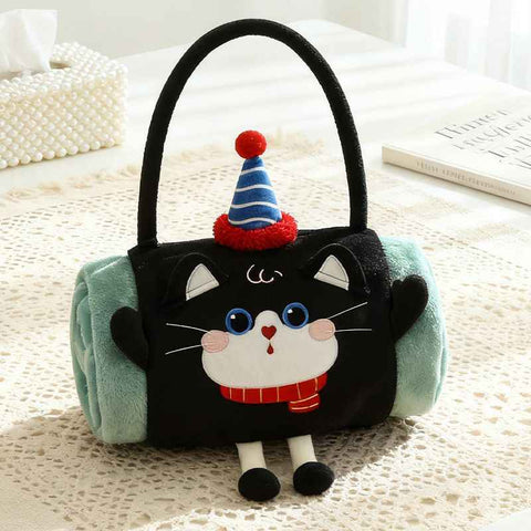 Black Cat 100*170cm Cartoon Hand-Carry Roll-Up Blanket - Plush Flannel Nap Blanket with Pillow Function, Portable Office & Travel Throw for Home, Car, and Sofa Use - Soft, Machine Washable, Multi-Scene Use