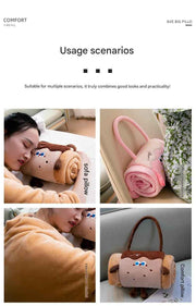 Brown 100*170cm Cartoon Hand-Carry Roll-Up Blanket - Plush Flannel Nap Blanket with Pillow Function, Portable Office & Travel Throw for Home, Car, and Sofa Use - Soft, Machine Washable, Multi-Scene Use