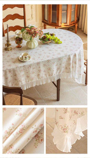 cream-colored 135*220 Dimensions include lace French Vintage Tablecloth - Pearl Yarn Polyester with Pleated Ruffle Edge - Floral Print Table Cover for Dining, Coffee Table, Bedside, Home Decor, Party, Gift Ready